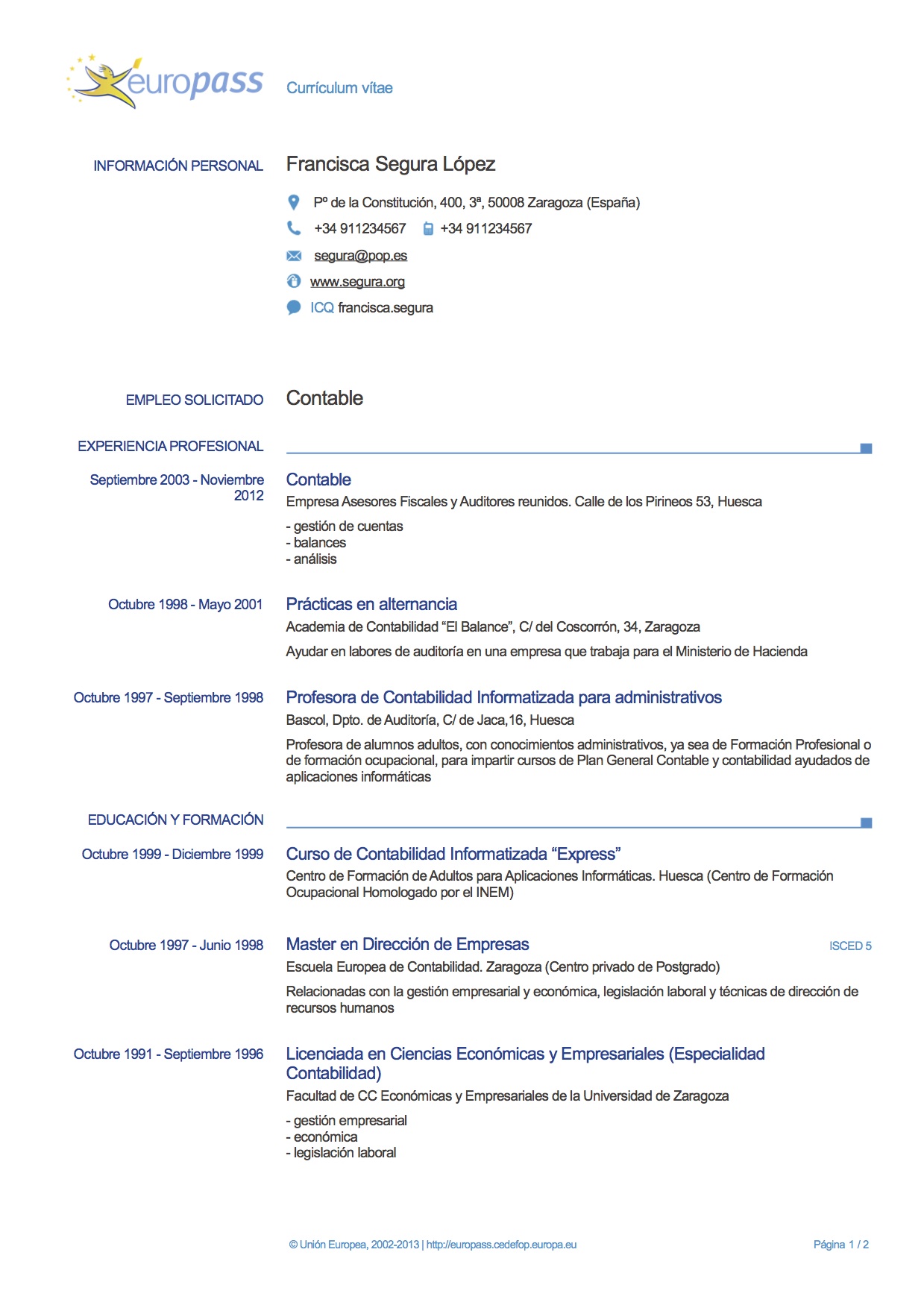 Currículum Vitae Europass | Hacer Currículum